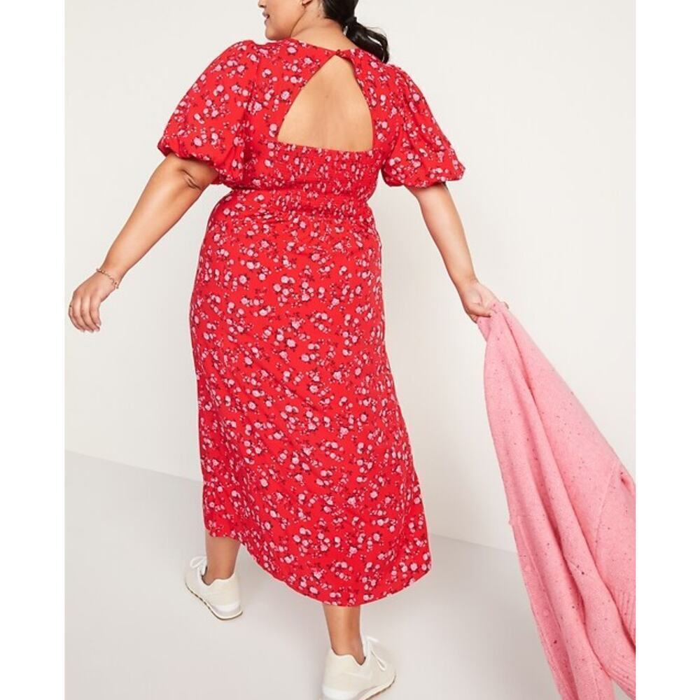 Old Navy Womans Sz XXL Midi Dress Puff Sleeve Floral Red Back Cut Out Smocked - Picture 2 of 9